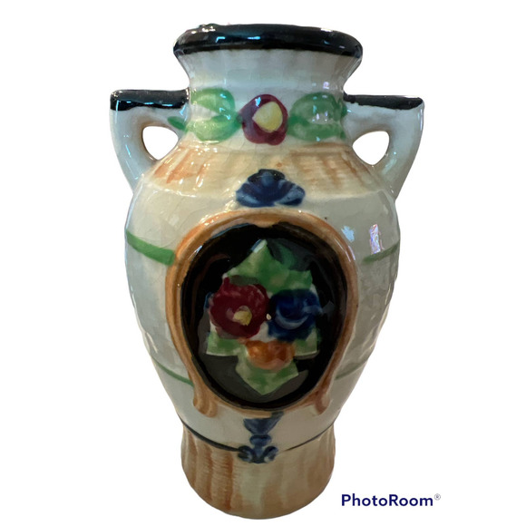 Vintage Japan Kyoto Majolica Vases 4 3/4" High x 2 1/4" Base Radius 10 3/4" Mid - Picture 4 of 6